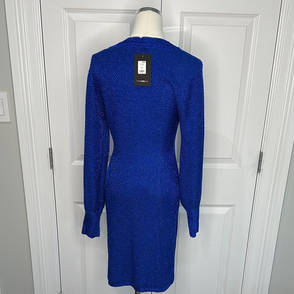 NWT Fashion Nova Royal Blue Cobalt V-Neck Knit Bodycon Sweater Mini Dress Size L - Picture 11 of 17